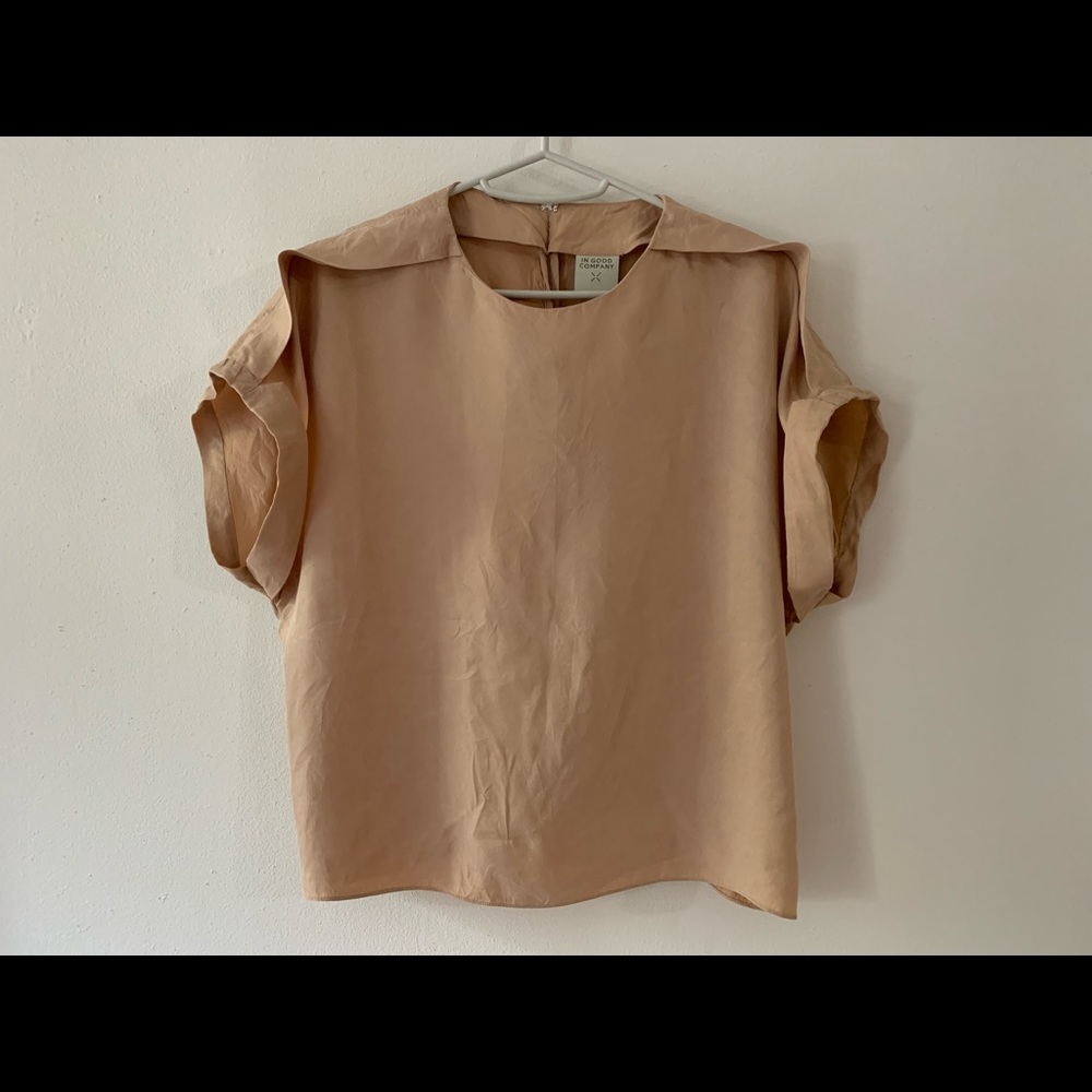 Tan boxy silky crewneck blouse cuffed sleeve